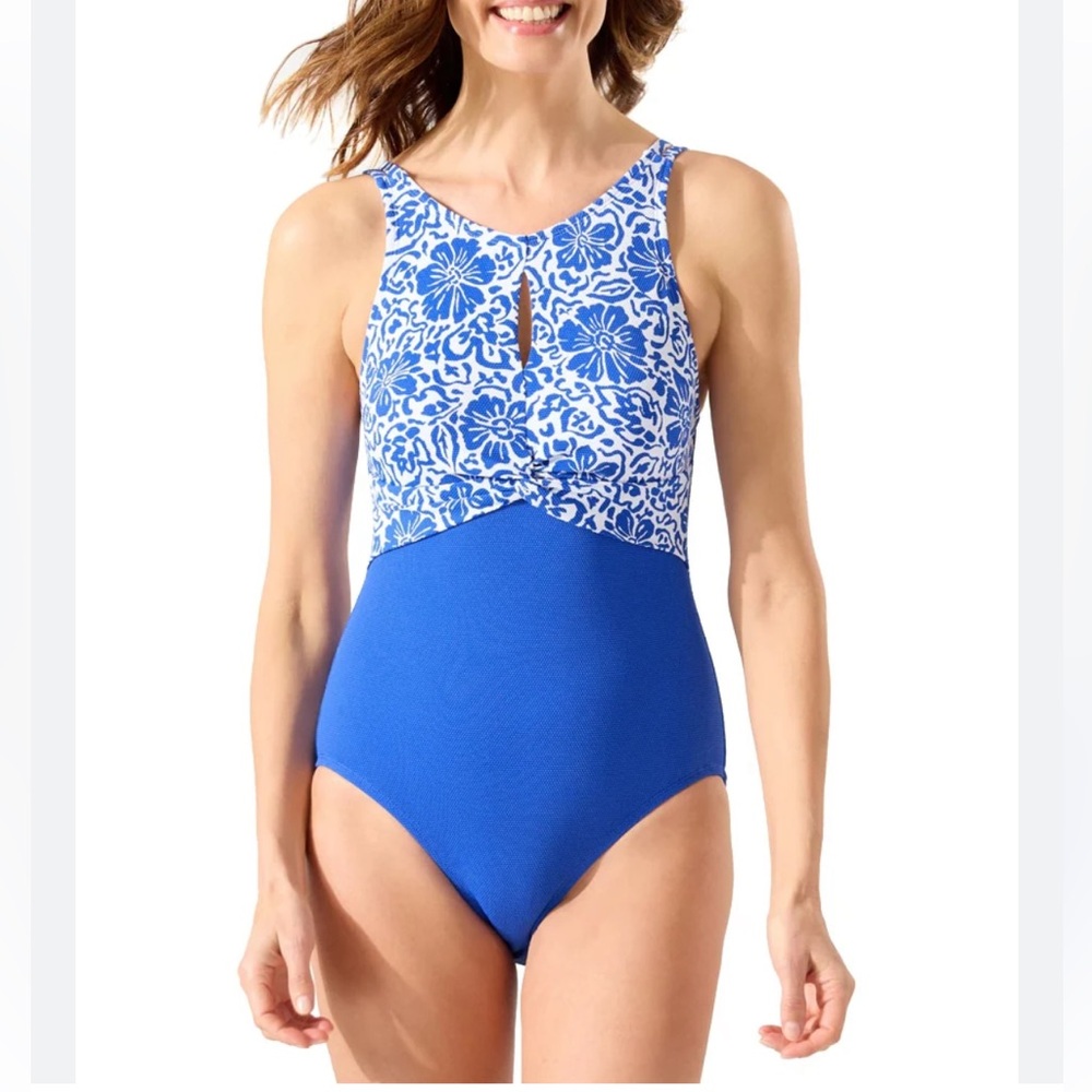 Tommy Bahama Island Cays Hibiscus One-Piece Swimsuit Beaming Blue Sz 14 Like New